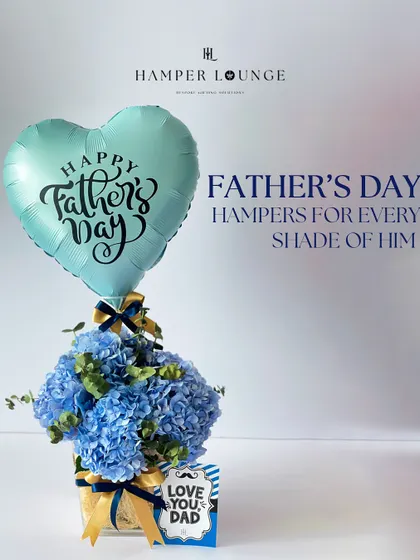 A simple yet beautiful Father's Day gift. This hamper features a stunning bouquet of blue hydrangeas and a heart-shaped "Happy Father's Day" balloon.