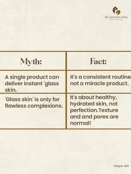 Debunking myths about the "glass skin" trend. It is a consistent routine, not an instant fix, and it is achievable for all skin types because texture and pores are normal.