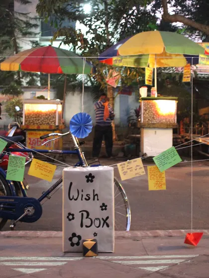 A 'Wish Box' art installation by students in a public space in Chandernagore. Engaging the community through creative and interactive installations is a key part of our placemaking strategy, making the design process inclusive and fun.