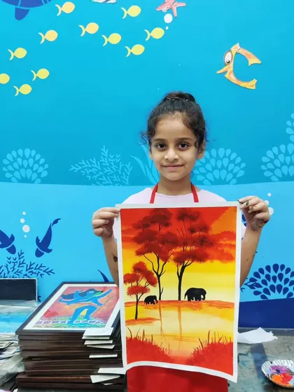 Inspired by the touching documentary "The Elephant Whisperers," this young artist paints a beautiful tribute showing the bond between elephants in a warm sunset landscape.
