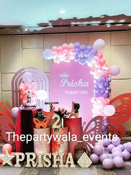 For a truly magical celebration, I created this huge Fairy Tale Butterfly theme. It features large wooden butterfly wings, fairy silhouettes, and beautiful balloon columns in pastel pinks and purples to create a dreamy backdrop for your little one's special day.
