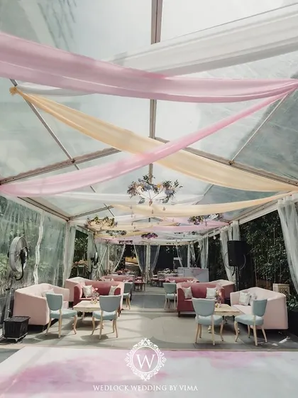 We created a chic and comfortable lounge area for this Mehendi using pastel-colored sofas and chairs. The setup was perfect for guests to relax, chat, and enjoy the festivities.