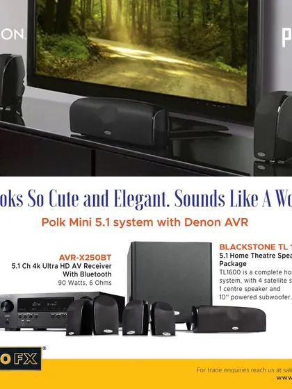 Looks so cute and elegant, sounds like a wow. This package combines the Polk Mini 5.1 Blackstone TL1600 system with a Denon AVR-X250BT receiver, offering a complete, compact, and affordable home theatre solution with superb sonic fidelity.