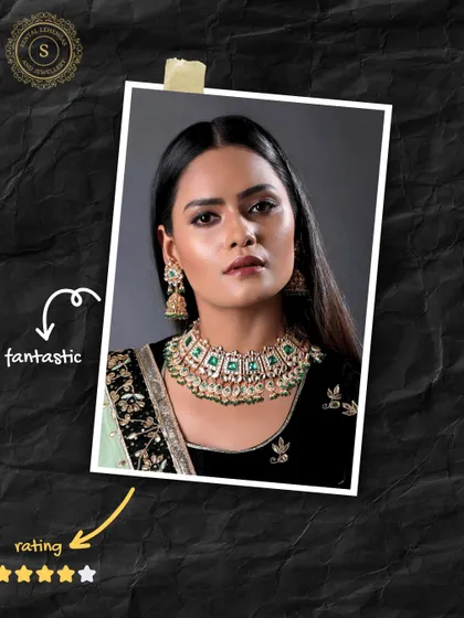 This model looks fantastic in our green and white Kundan choker set. It's a versatile piece that can be styled for a wedding, reception, or any grand celebration.