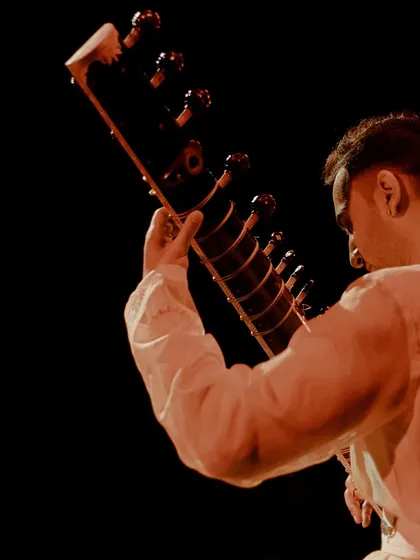 A view from behind the sitar during a performance.