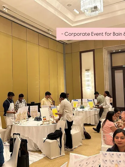 A corporate event for Bain & Co. in a beautiful Delhi hotel. We can create an elegant and fun painting experience for any corporate gathering.