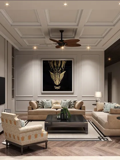 A centered view of the family lounge, highlighting the powerful artwork that serves as the room's focal point. The design is balanced, elegant, and livable.