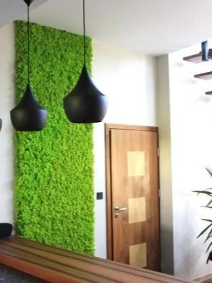 An artificial moss panel makes a striking statement in this entryway. Paired with modern pendant lights and a wooden bench, it creates a welcoming and stylish first impression.
