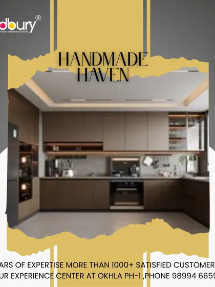 A "Handmade Haven" concept in warm brown tones. This design features integrated appliances and a mix of open and closed storage for a functional, modern look.