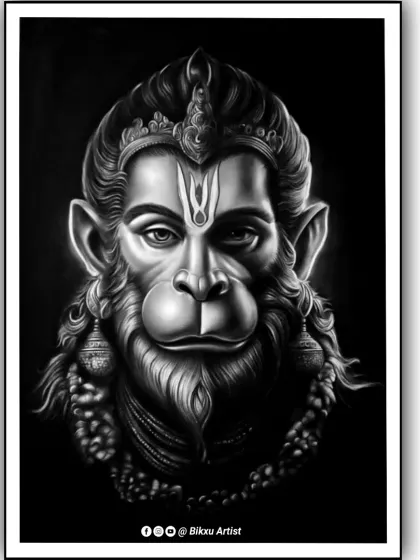An intense and powerful portrait of Lord Hanuman against a dark background. The high contrast between the light on his face and the darkness emphasizes his strength and divine presence.