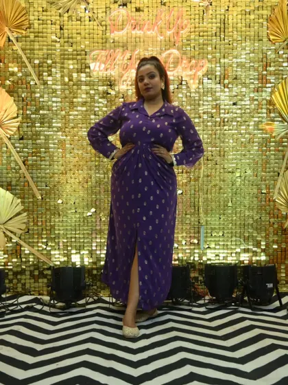 A full-length view of my outfit for a multicultural Sangeet night. The modern silhouette with traditional motifs was perfect for an event blending different cultures.