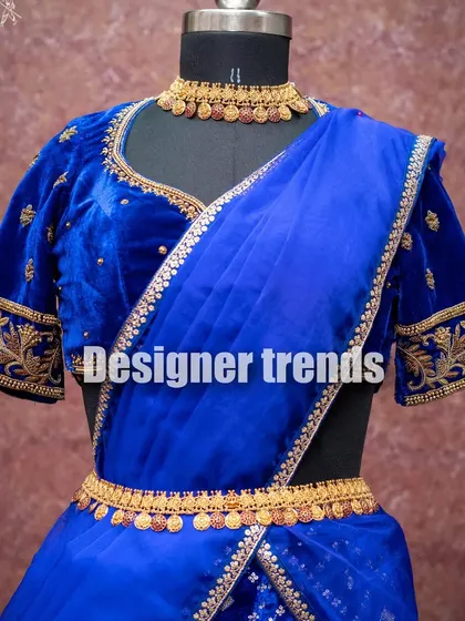 A close-up of the royal blue velvet blouse, showing the gold embroidery on the sleeves and neckline.