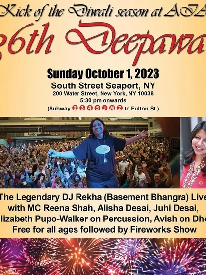 Another flyer for the 36th Deepawali at South Street Seaport. It highlights the killer crew of performers, including percussionists, dancers, and dhol players that I bring with me.