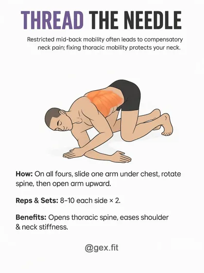 Neck pain is often a symptom of a stiff mid-back. The "Thread the Needle" exercise is designed to improve thoracic spine mobility, which opens up the back and eases compensatory tension in the shoulders and neck.