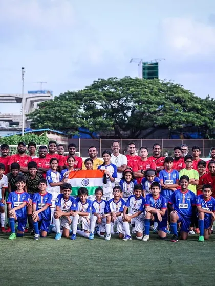 The entire SSE BFC family, including players, coaches, and parents, gathered at Wings Sports Centre to celebrate Independence Day, holding the Indian flag with pride.
