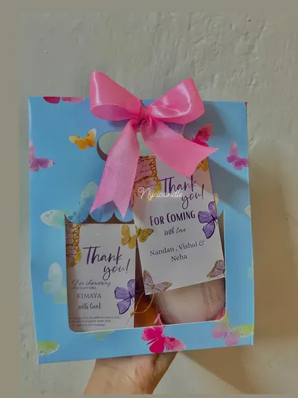 Another take on the butterfly theme, this time with a blue gift box. We can customize the colors and contents to perfectly match your party's aesthetic.