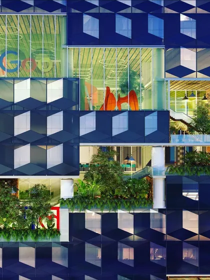 A conceptual design for the 'Urban Ladder' office tower in Hyderabad. The facade is a dynamic composition of 3D patterned glass, green terraces, and open social spaces, reimagining the conventional office building.