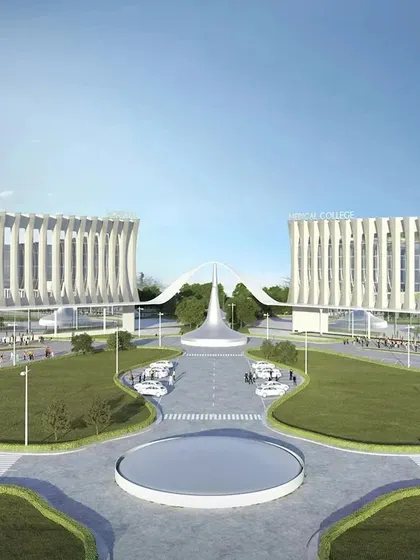 This rendering of a medical college campus showcases two symmetrical buildings connected by an arched bridge. The design is a powerful statement of institutional identity, blending monumental scale with modern architectural language.