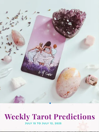This image serves as a cover for my weekly tarot predictions, featuring a beautiful layout of the 3 of Cups card surrounded by crystals. It represents the celebration and community I hope my guidance fosters.
