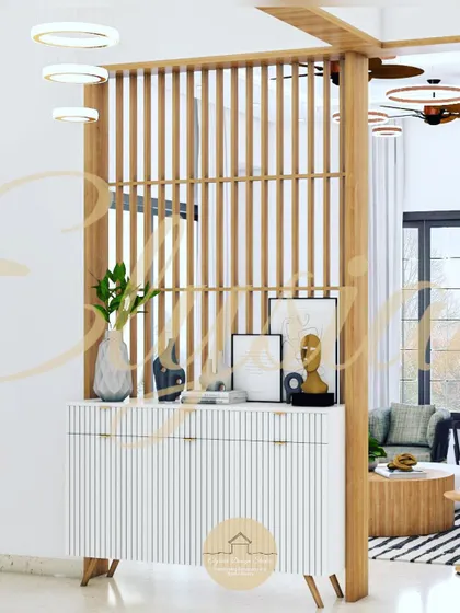 A foyer design concept featuring a wooden slat partition and a sleek white console table. This is a great example of how to create a welcoming entryway that is both stylish and functional.