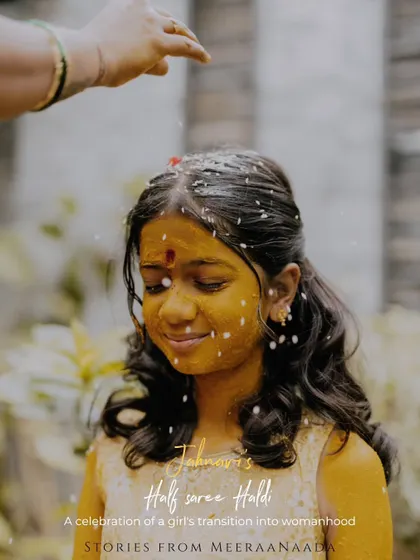 A beautiful portrait from a Half Saree Haldi ceremony, capturing a moment of serene transition into womanhood.