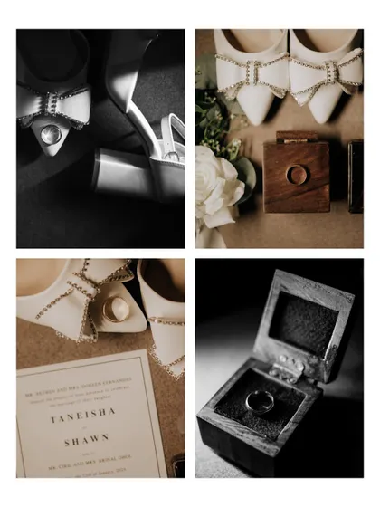 A collection of detail shots featuring the bride's shoes, the wedding rings in their wooden box, and the invitation.
