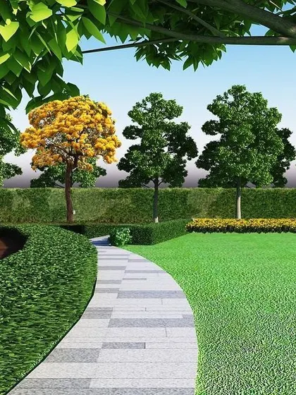 A design render for a 10,000 sqft villa backyard at Embassy Boulevard. This visualization shows the scale of the project, with planned pathways, hedges, and mature trees.