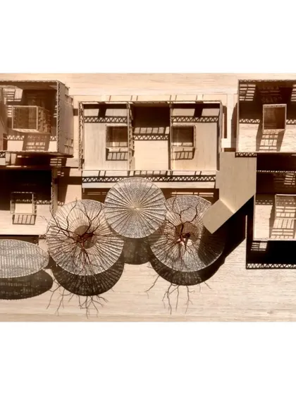 With the roofs removed, the model reveals the central courts of varying volumes within each pod. This "roofs off" view allows us to study the quality of the interior spaces and their relationship to the sky.
