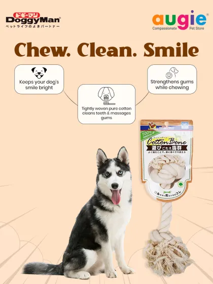 Chew, clean, and smile. The tightly woven pure cotton in this Doggyman bone toy helps clean your dog's teeth and massage their gums as they play, keeping their smile bright.