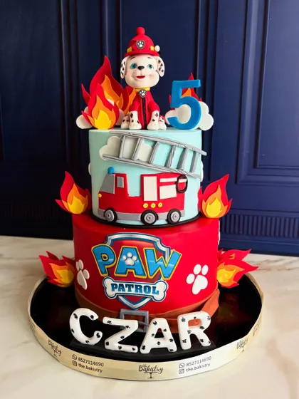 No job is too big, no pup is too small! This PAW Patrol cake is ready to save the day, featuring Marshall the fire pup on a two-tiered, flame-covered cake for Czar's 5th birthday.