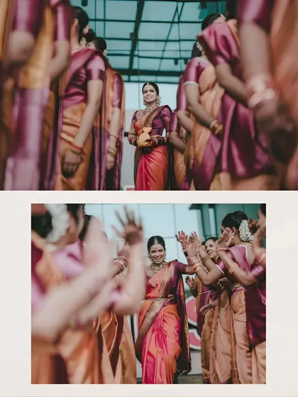 A bride and her tribe. This image captures the joy and energy of the bride celebrating with her bridesmaids, who are all dressed in coordinated sarees, creating a beautiful and lively scene.