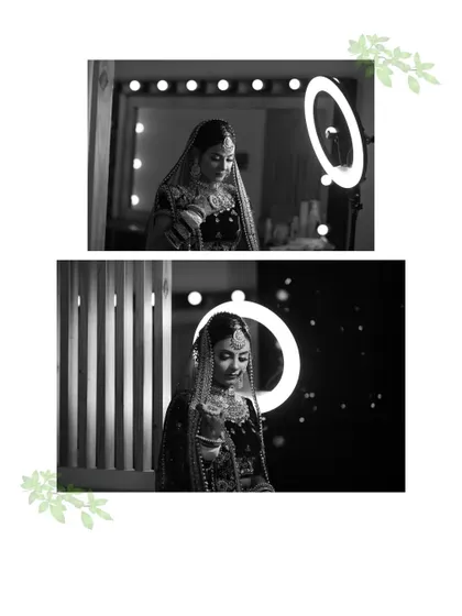 A diptych of black and white bridal portraits taken in front of a makeup mirror with a ring light. This layout shows different angles of the bride getting ready, capturing the anticipation of the moment.
