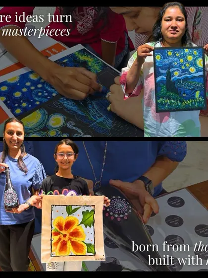 This collage captures moments where ideas turn into masterpieces, from intricate pastel work to colorful paintings on canvas and bottles.