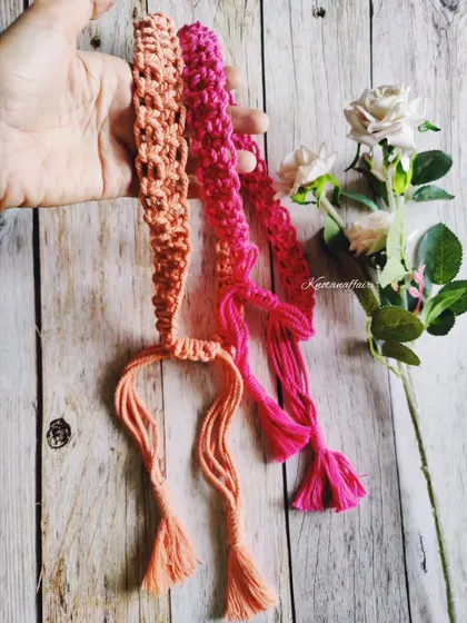These adjustable macrame headbands with tassels are intricately knotted with cotton threads. They are comfortable and complement both ethnic and Western outfits.