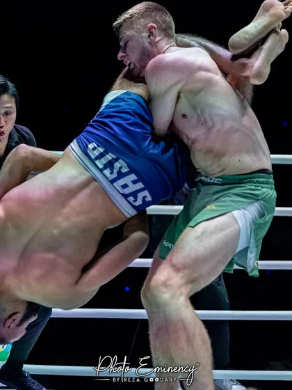 An action shot from the ONE Championship fight in Thailand, showing the high-level wrestling and grappling skills our fighters use to dominate opponents on the international circuit.