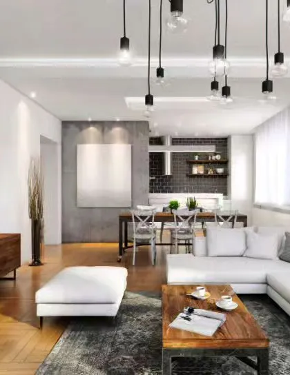 An industrial-modern living room concept with concrete-finish walls and warm wood flooring. The open-plan layout connects the living area to the dining space, unified by a consistent material palette.