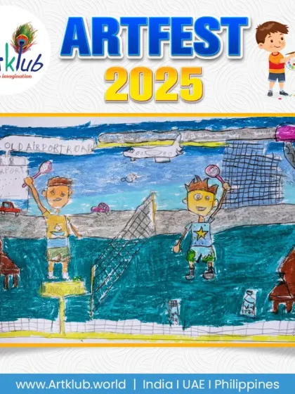 A detailed drawing of a tennis match taking place near an airport. This junior artist has included planes, cars, and stadium seating in their creative composition.
