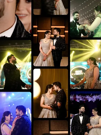 A collage of candid moments from the sangeet night, showing the couple dancing, interacting with guests, and enjoying the party.
