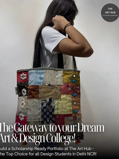 A student proudly displays a custom-designed tote bag, a unique piece for her fashion portfolio. I encourage practical, creative projects that showcase real-world skills.