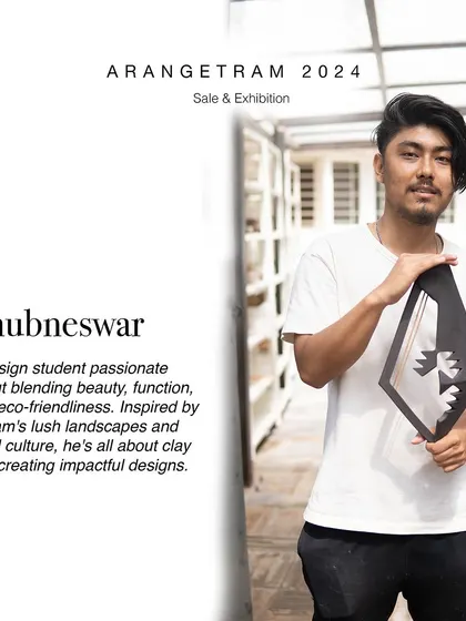 Bhubneswar, a design student inspired by Assam’s lush landscapes and tribal heritage, showcases his work at Arangetram. His collection is inspired by the Bodo tribe, blending traditional art and craft with modern aesthetics to create pieces for living and dining spaces.