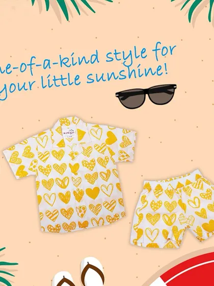 The same "Hello Summer" co-ord set, this time in a cheerful yellow heart print. It’s a one-of-a-kind style for your little sunshine, designed for comfort and fun.