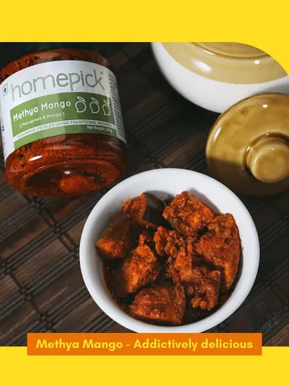 Our Methya Mango pickle is addictively delicious. The combination of fenugreek (methi) and mango creates a unique, slightly bitter, and tangy flavour profile that is truly unforgettable.