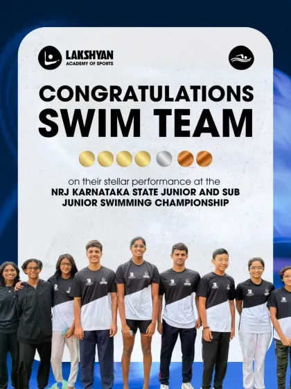 A group photo of our decorated swim team, celebrating their stellar performance and multiple medals at the NRJ Karnataka State Junior and Sub Junior Swimming Championship.