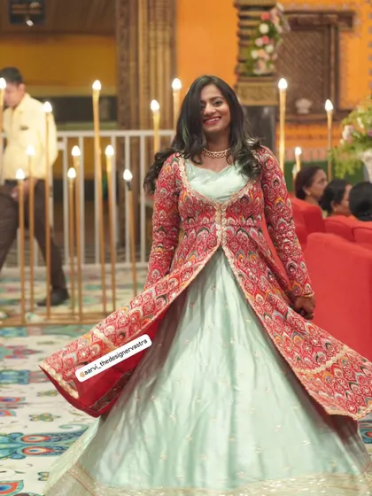 The joy of wearing a perfect outfit. Tharuna looks absolutely radiant in her custom creation.