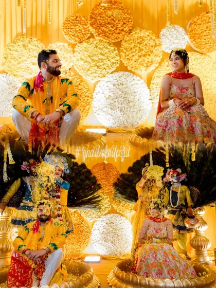 A collage showing the couple before and during the playful smearing of haldi.