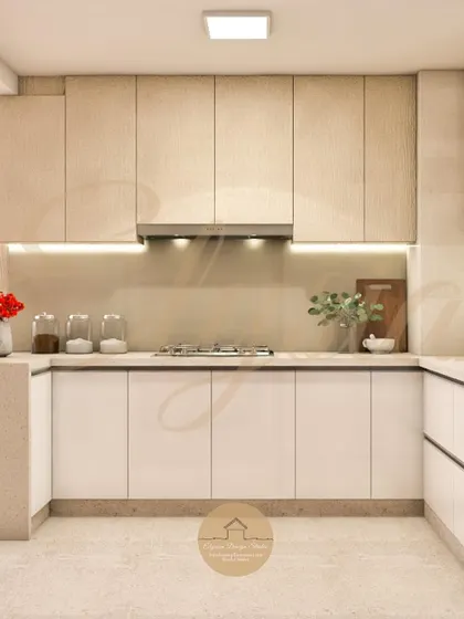 A classic beige and white kitchen for those who love a simple yet classy aesthetic. The dual-tone cabinets, with wood-textured uppers and glossy white lowers, create a bright and timeless space.