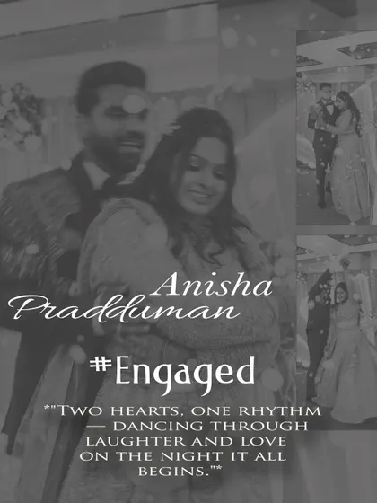 A black and white collage celebrating the couple's engagement with a romantic quote about their journey beginning.