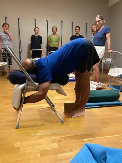 Additional images from my personal practice and teaching sessions, demonstrating a wide variety of asanas and the use of props. Each photo shows a moment of exploration in the journey of yoga.