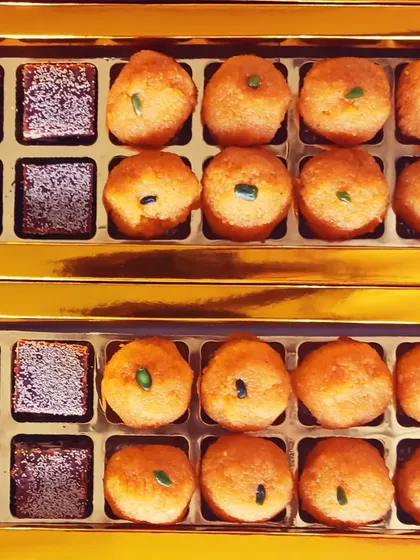 My festive sweet boxes are a celebration of pure, plant-based ingredients. This box contains rich Anjeer Dry Fruit Barfi and classic Motichoor Laddoos, perfect for gifting during Diwali or any special occasion.