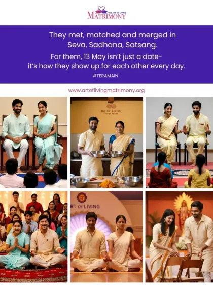 A collage showing a couple's journey through seva, sadhana, and satsang. This visual story represents the core of our philosophy: meeting, matching, and merging on a spiritual path.